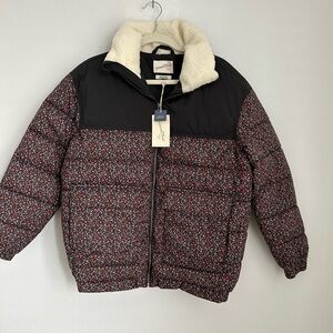 Universal Thread Black & Burgundy Floral Puffer Bomber Jacket